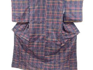 リサイクル　格子に琉球絣柄織り出し米沢紬着物